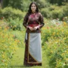 tamang Women wearing Tamang Khenja in maroon brocade with grey wrapper