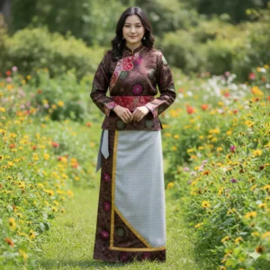 tamang Women wearing Tamang Khenja in maroon brocade with grey wrapper