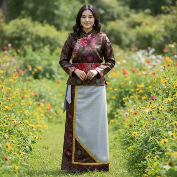 tamang Women wearing Tamang Khenja in maroon brocade with grey wrapper