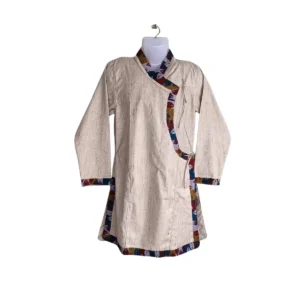 Beige Daura top with multicolour Dhaka-style trim and wrap ties