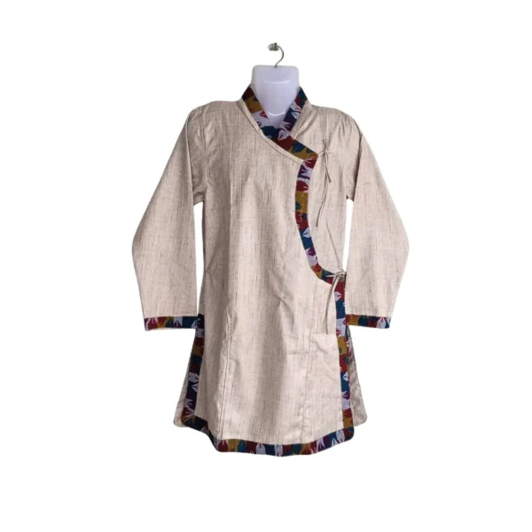Beige Daura top with multicolour Dhaka-style trim and wrap ties