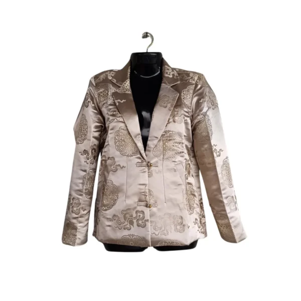 Champagne gold women’s Kuchin coat with endless knot brocade