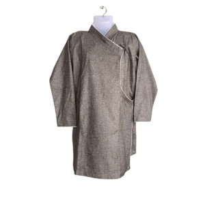 Charcoal Daura top with white piping and wrap tie
