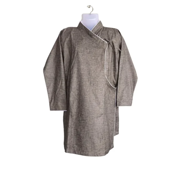 Charcoal Daura top with white piping and wrap tie