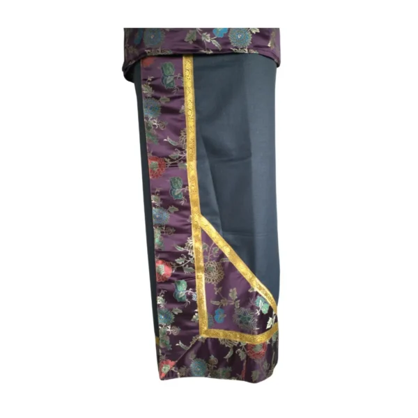 Charcoal-blue wrapper with plum brocade border and gold trim