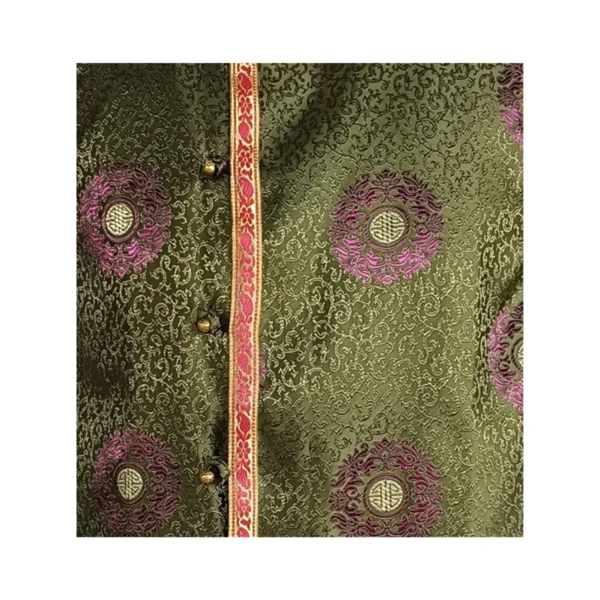 Close-up of purple medallion motif, gold scrolls and button placket on Tash Kuchin Khenja