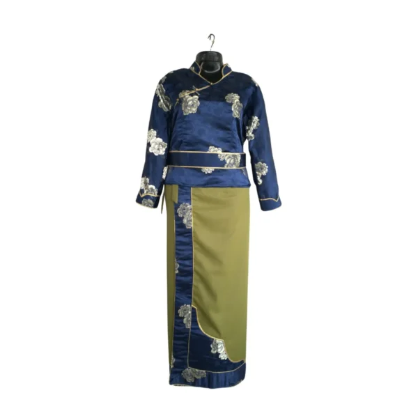 Complete Tamang Wrapper Set for women royal blue Tash Kuchin brocade Khenja paired with olive wrapper bordered in matching brocade