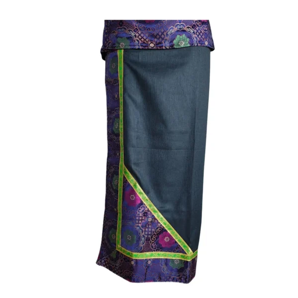 Dark-teal wrapper skirt with purple brocade border and green piping
