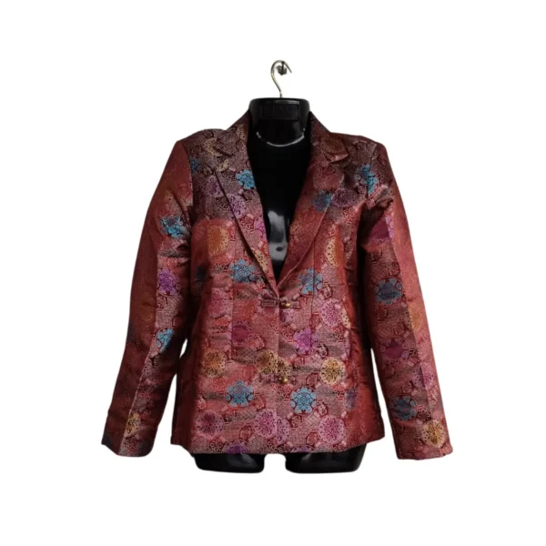 Front view of maroon Tash Kuchin women’s coat with medallion brocade
