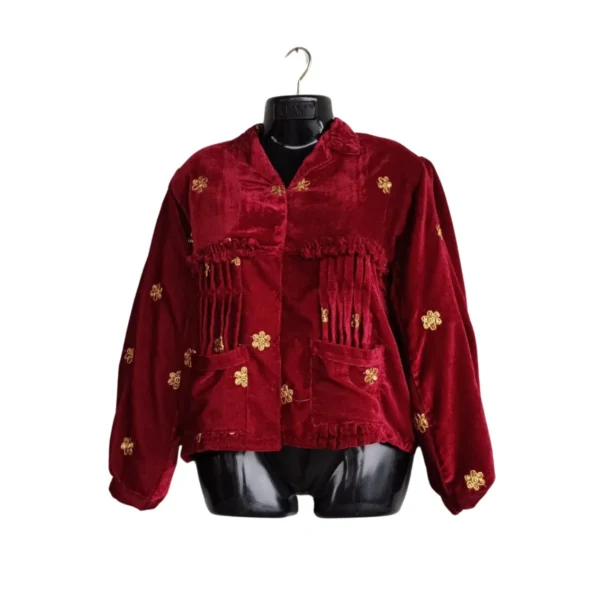 Front view of maroon velvet Rai Cholo with full sleeves and pockets