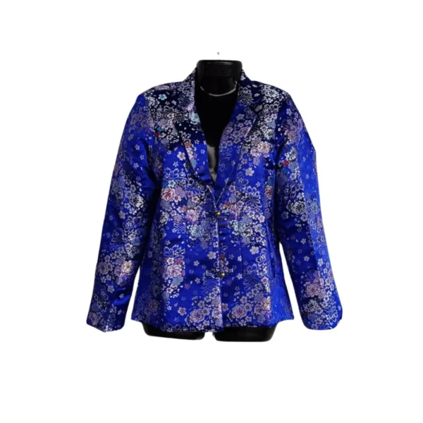 Front view of royal blue Tash Kuchin floral brocade women’s coat