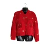 Front view of scarlet velvet Rai Cholo with pockets and full sleeves