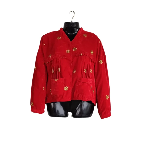 Front view of scarlet velvet Rai Cholo with pockets and full sleeves