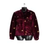 Front view of wine velvet Rai Cholo with gold butti and pockets