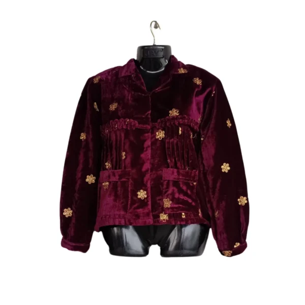 Front view of wine velvet Rai Cholo with gold butti and pockets