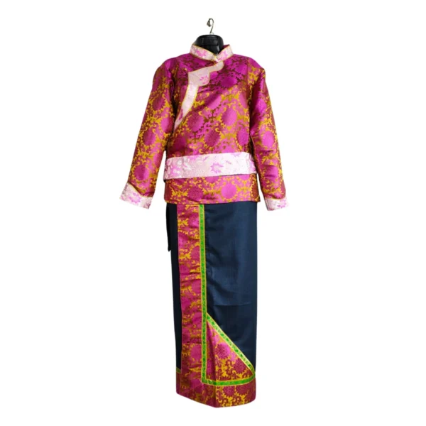 Full Tamang set—fuchsia brocade Khenja with navy wrapper