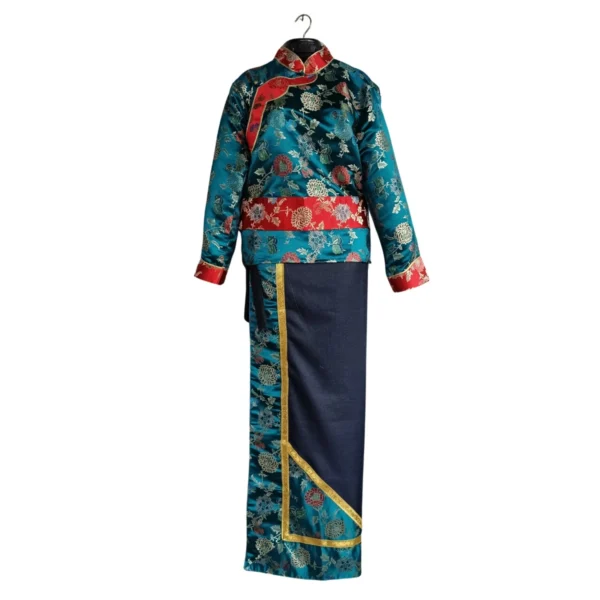 Full Tamang set—teal brocade Khenja with navy wrapper