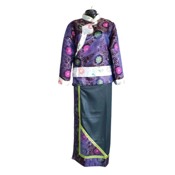 Full Tamang wrapper set—purple brocade Khenja with teal wrapper