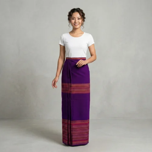 Woman wearing purple Tamang wrapper with border