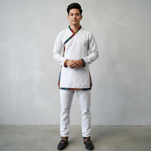 Guy in White Daura top with multicolour Dhaka trim and suruwal set
