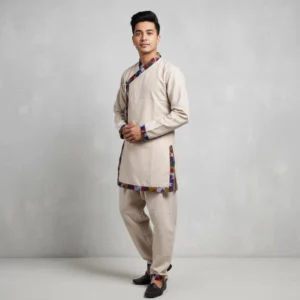 Guy wearing Beige Daura top with multicolour Dhaka-style and suruwal set