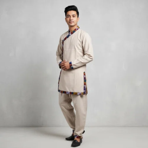 Guy wearing Beige Daura top with multicolour Dhaka-style and suruwal set