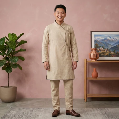 Guy wearing beige Daura suruwal set