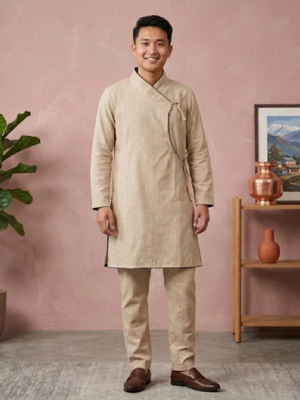 Guy wearing beige Daura suruwal set