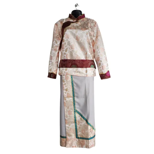 Ivory brocade Khenja with grey wrapper—front full set