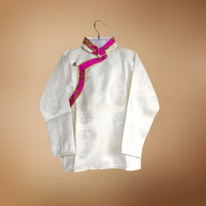 Ivory kids Khenja jacquard jacket with pink Tash Kuchin border