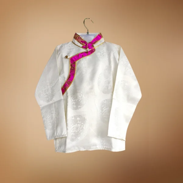 Ivory kids Khenja jacquard jacket with pink Tash Kuchin border