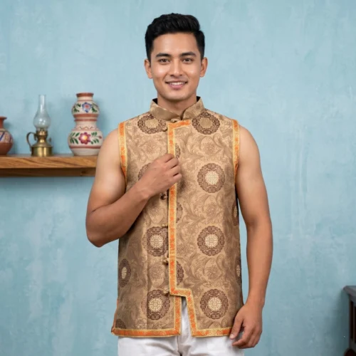 Man wearing Golden brocade Tamang Khenja waistcoat sleeveless jacket full body front view