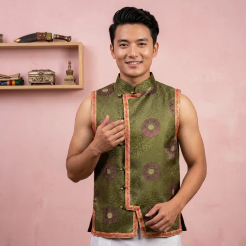 Man wearing Olive brocade Tamang Khenja waistcoat sleeveless jacket front view