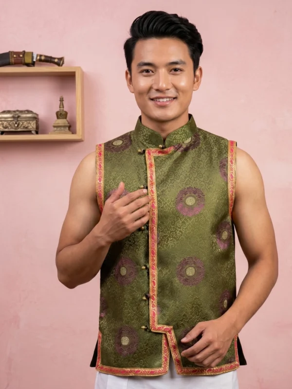 Man wearing Olive brocade Tamang Khenja waistcoat sleeveless jacket front view