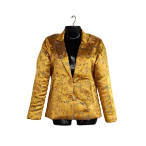 Mustard gold women’s Kuchin coat with floral brocade and lapel