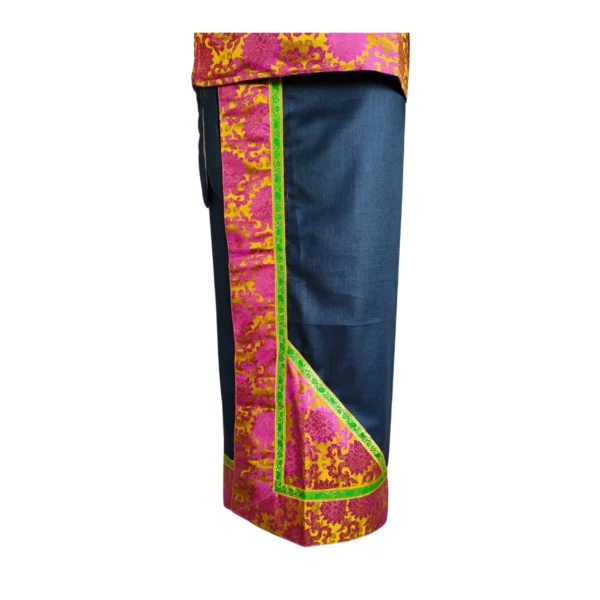 Navy wrapper with fuchsia brocade border and lime-green edging