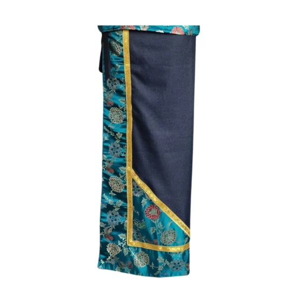 Navy wrapper with teal brocade border and gold tape