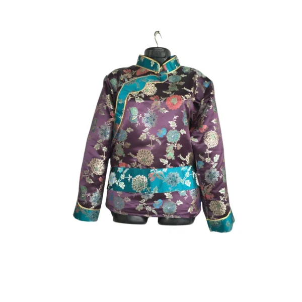 Plum brocade Khenja with teal band and gold piping