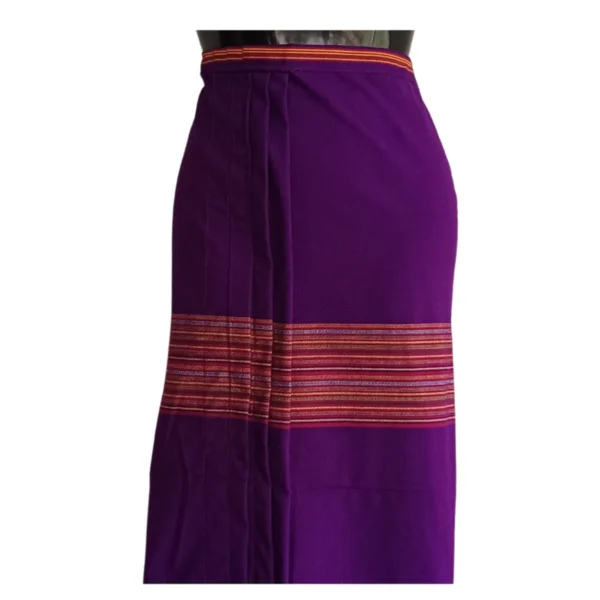 Side view of purple cotton phariya with mid stripe and pleats