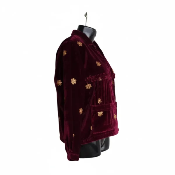 Side view of wine velvet Rai Cholo with full sleeves