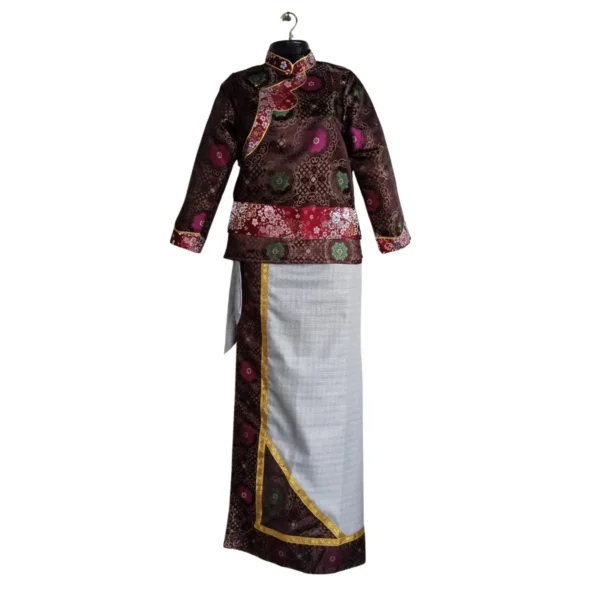 Tamang Khenja in maroon brocade with grey wrapper