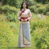 Tamang Women wearing Ivory brocade Khenja with grey wrapper set