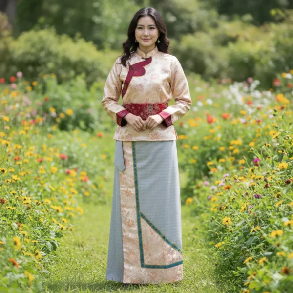 Tamang Women wearing Ivory brocade Khenja with grey wrapper set