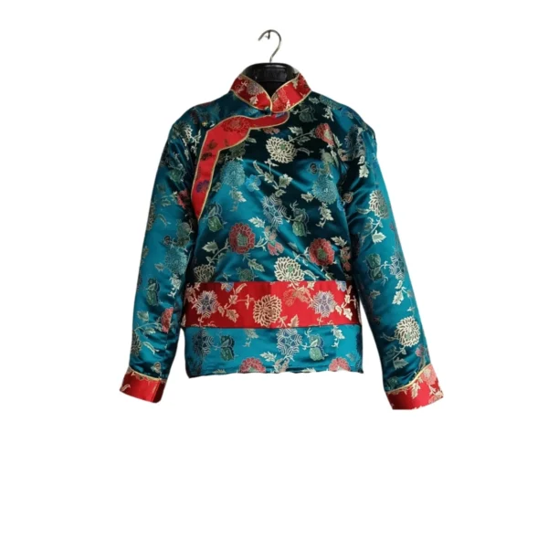 Teal Tash Kuchin brocade Khenja with red bands