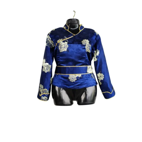 Women’s Tamang Khenja top in royal blue Tash Kuchin brocade with ivory floral motifs