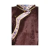 brown jacquard Khenja with blue floral trim and gold piping
