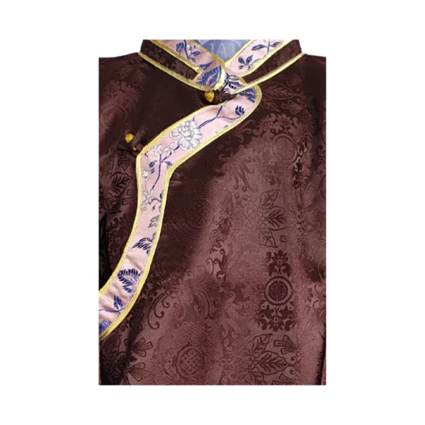brown jacquard Khenja with blue floral trim and gold piping