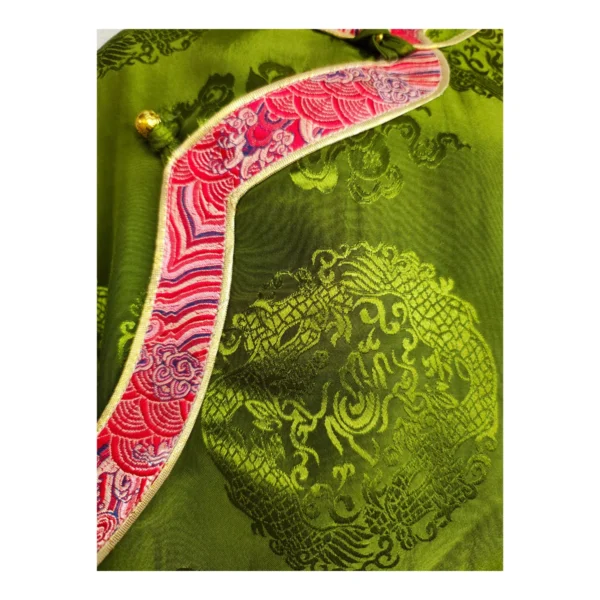 green Khenja with pink patterned border and knot button