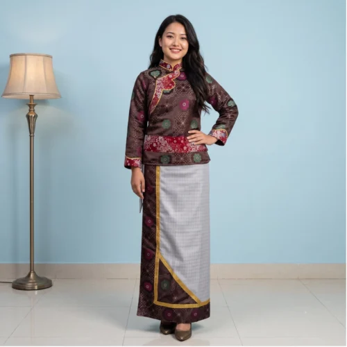 Beautiful girl wearing Maroon Tamang Wrapper set