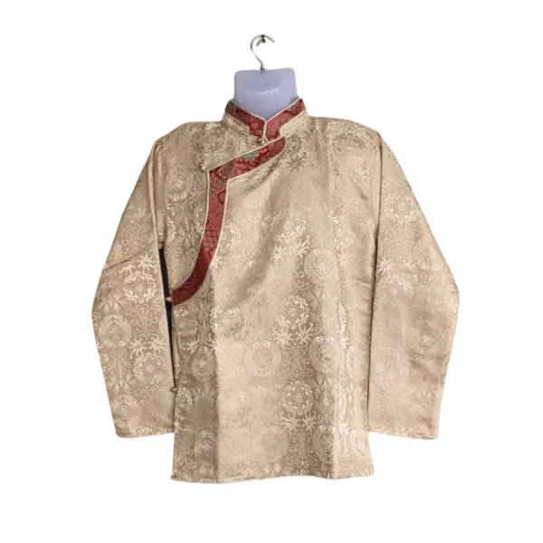 Beige jacquard Khenja with red patterned border – front